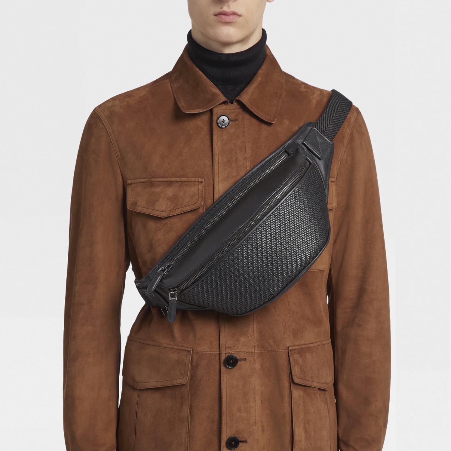 Ermenegildo Zegna BLACK PELLETESSUTA LEATHER BELT BAG