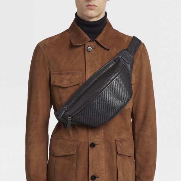 Ermenegildo Zegna BLACK PELLETESSUTA LEATHER BELT BAG brand centr