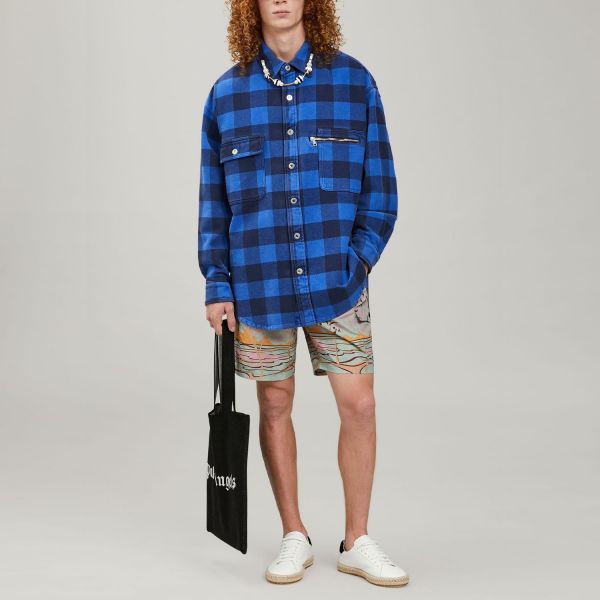 Овершорт Palm Angels Curved Logo Overshirt Blu White.