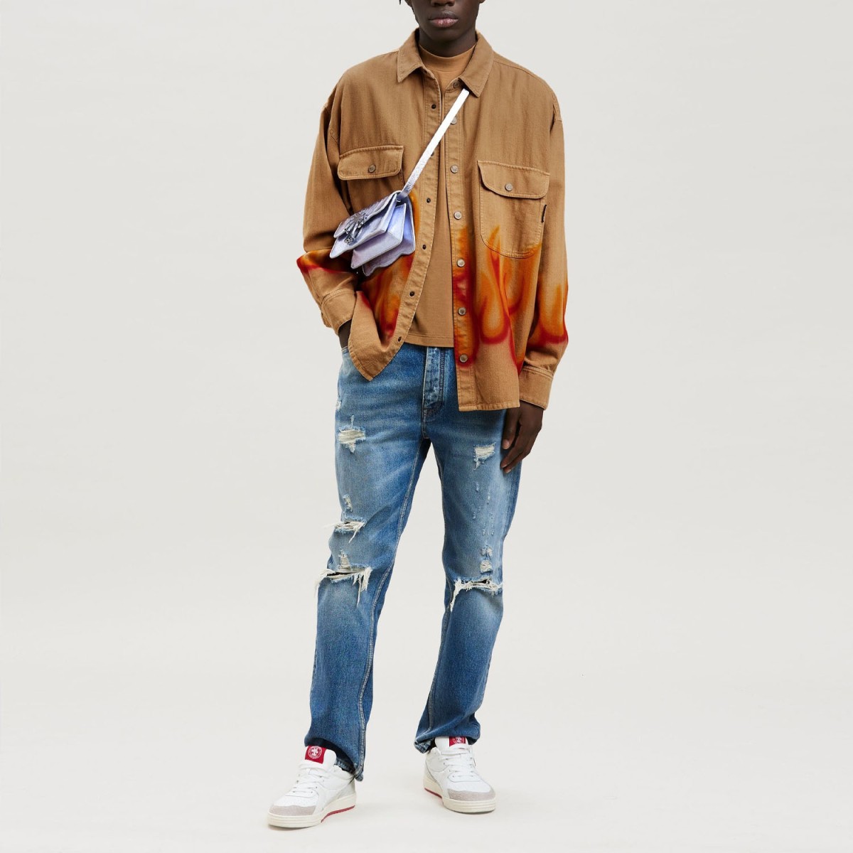 Овершорт Palm Angels Burning Herringbone Shirt Beige Red